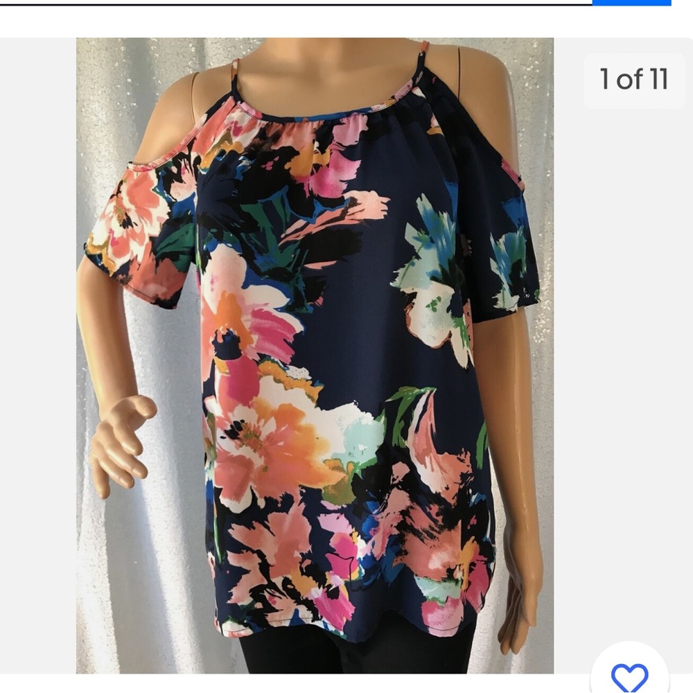 Blue multicolor floral short sleeve top with cut out shoulders -L